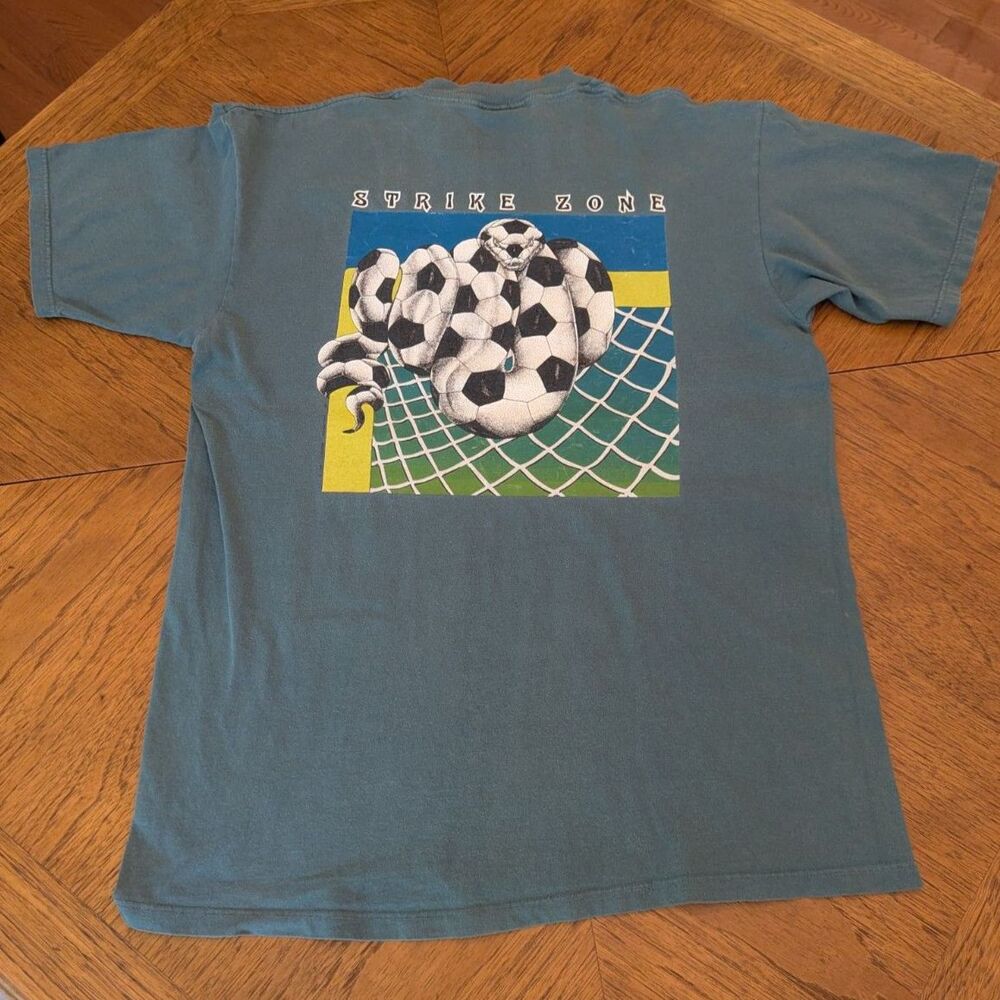 Vintage 90s Faded Teal Soccer Snake Strike Zone Graphic T-Shirt Made in USA - Picture 3 of 6